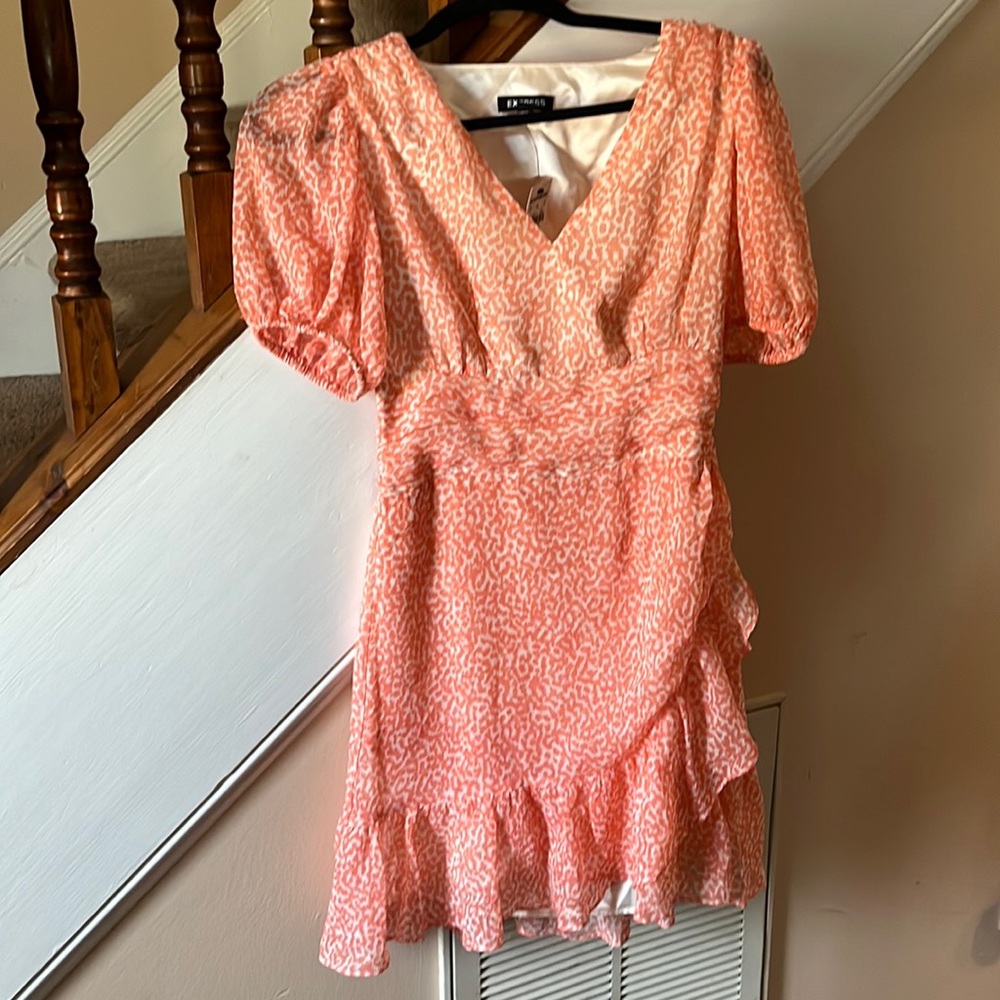 Express Ruffle Faux Wrap Dress Orange & White  NWT